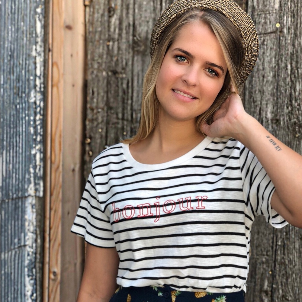 Bonjour Embroidered Stripe Tee